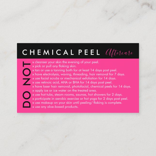 Neon Pink Chemical Peel Avoids Aftercare Business Card (Back)
