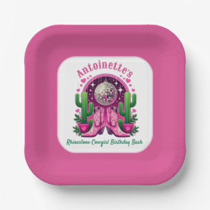 Neon Pink Cowgirl Boots & Disco Ball Bachelorette Paper Plate