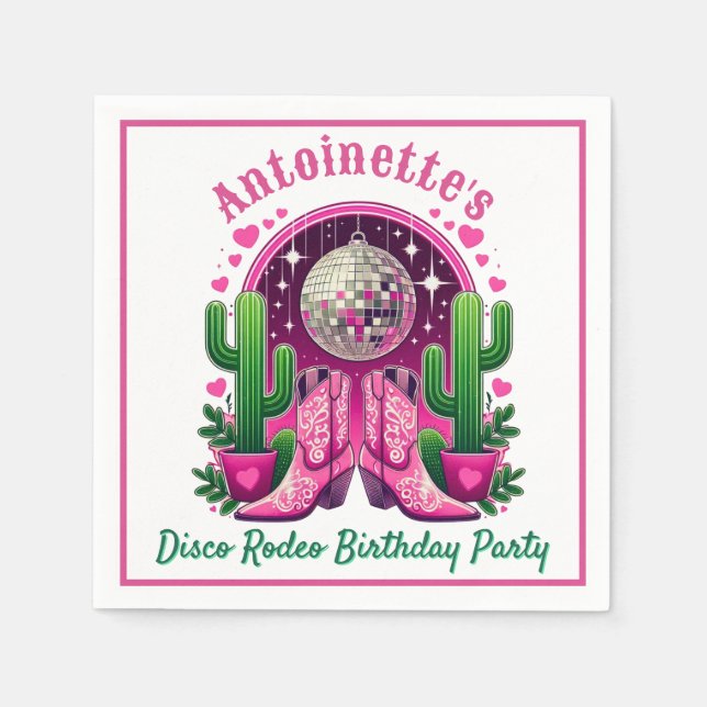Neon Pink Cowgirl Boots & Disco Ball Party Napkin (Front)