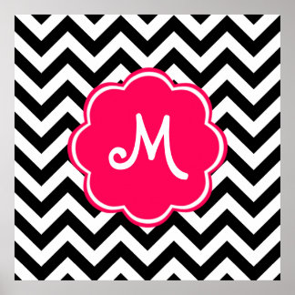 Neon Pink Custom Monogram with Chevron Pattern Poster