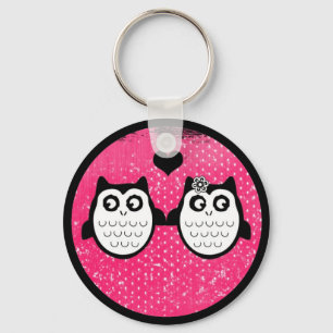 Neon pink cute grunge owl couple keychain