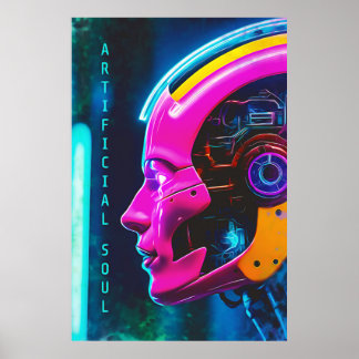 Neon Pink Cyberpunk Android Artificial Soul Poster