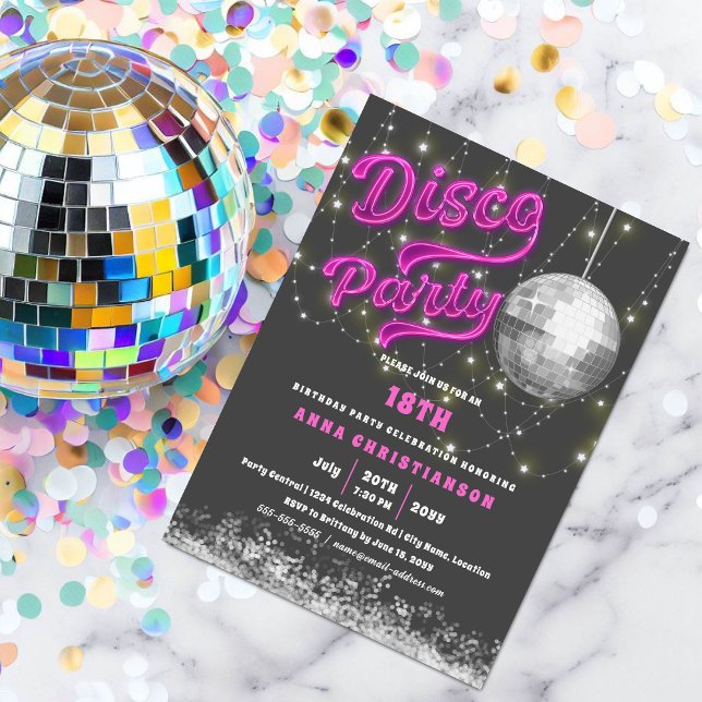 Neon Pink Disco Birthday Party Invitation (Pink neon disco party invitation with string lights and a silver disco ball.  )