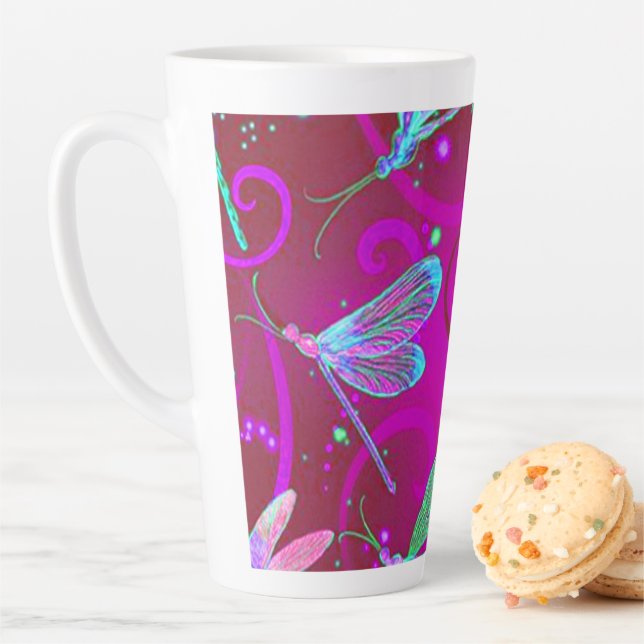 Neon Pink Dragonflies Latte Mug (In Situ)