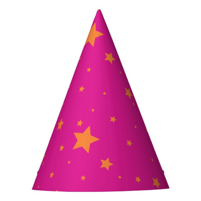 Neon Pink Fairy Orange Stars Girl Birthday Party Hat (Front)