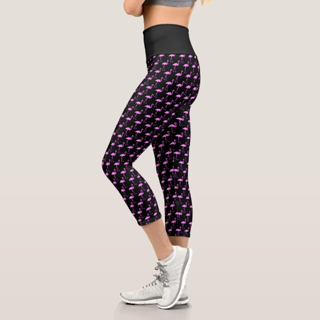 Neon pink flamingo bird print black high waist capri leggings (Left)