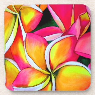 Neon pink Frangipani Plumeria Beach art flowers Coaster