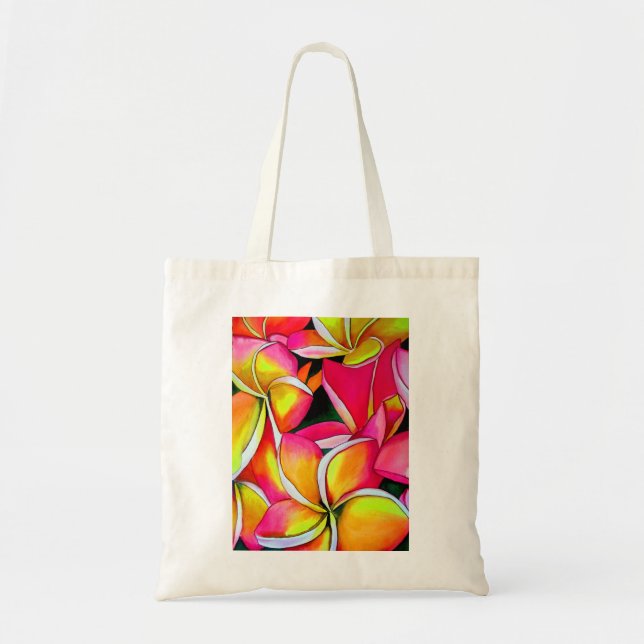 Neon pink Frangipani Plumeria Beach art flowers Tote Bag (Front)