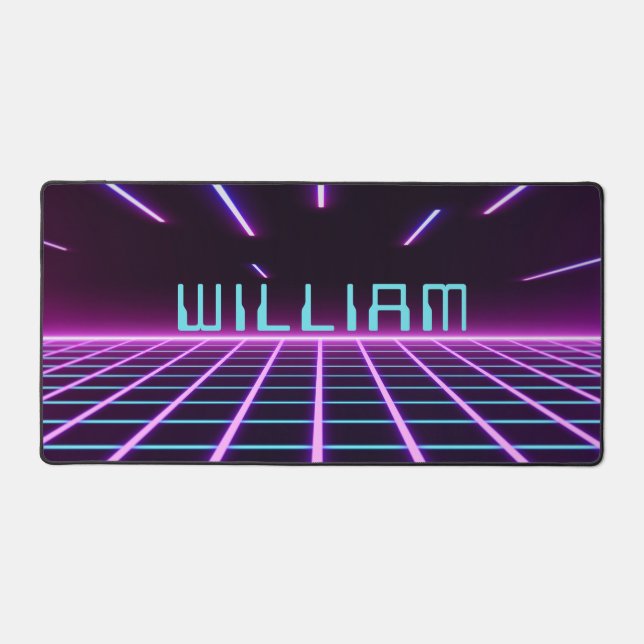 Neon Pink Futuristic Retro Style 80s Video Game Desk Mat (Front)