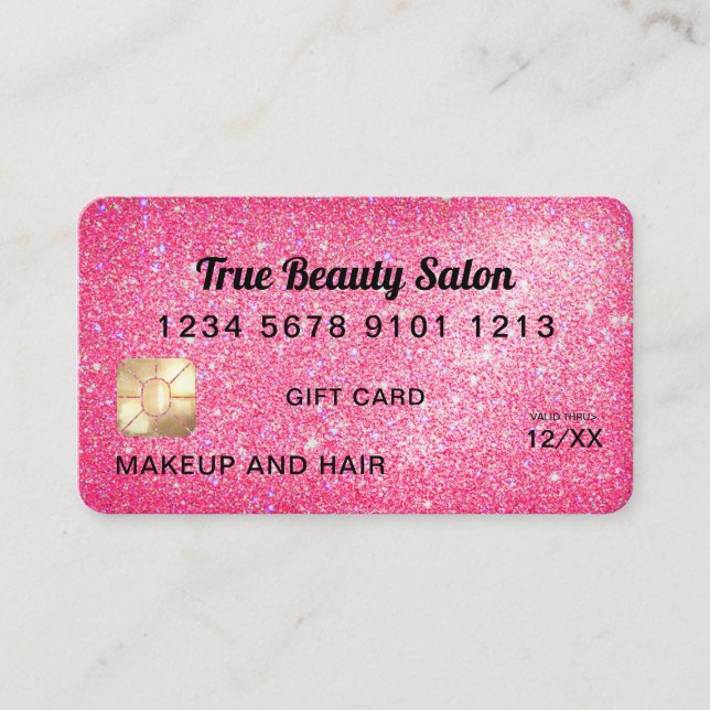 Neon Pink Glitter Credit Card Gift Certificate (Front)