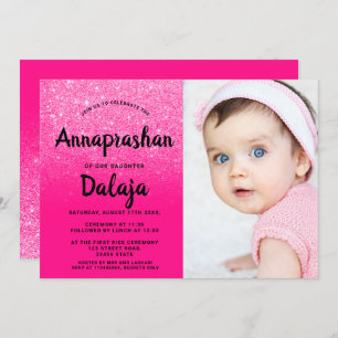 Neon pink glitter ombre script photo Annaprashan Invitation