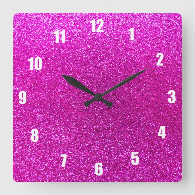Neon pink glitter square wall clock (Front)