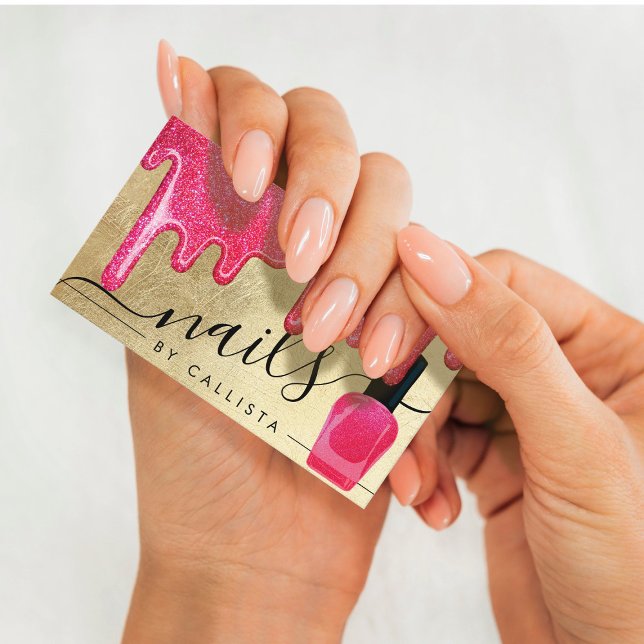 Neon Pink Gold Thick Glitter Drips Polish Nails Business Card (Creator Uploaded)