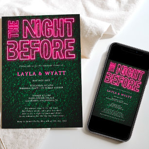 Neon pink green night before rehearsal dinner invitation