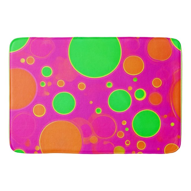 Neon Pink & Green Retro Circle Design Bath Mat (Front)