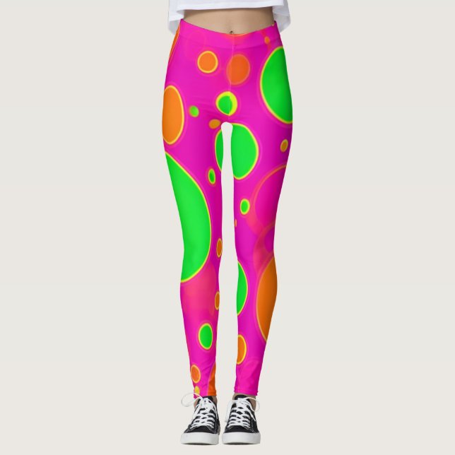 Neon Pink & Green Retro Circle Design Leggings (Front)