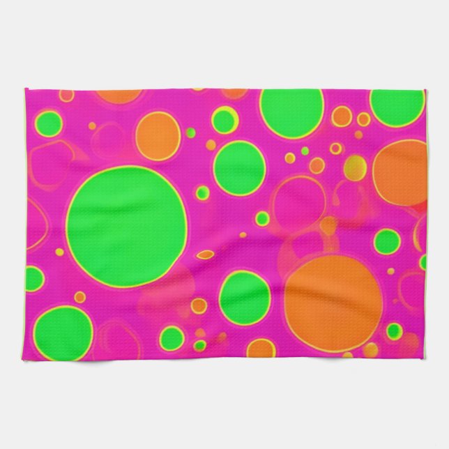 Neon Pink & Green Retro Circle Design Tea Towel (Horizontal)