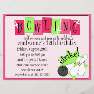 Neon Pink & Green Totally Retro Bowling Birthday P Invitation