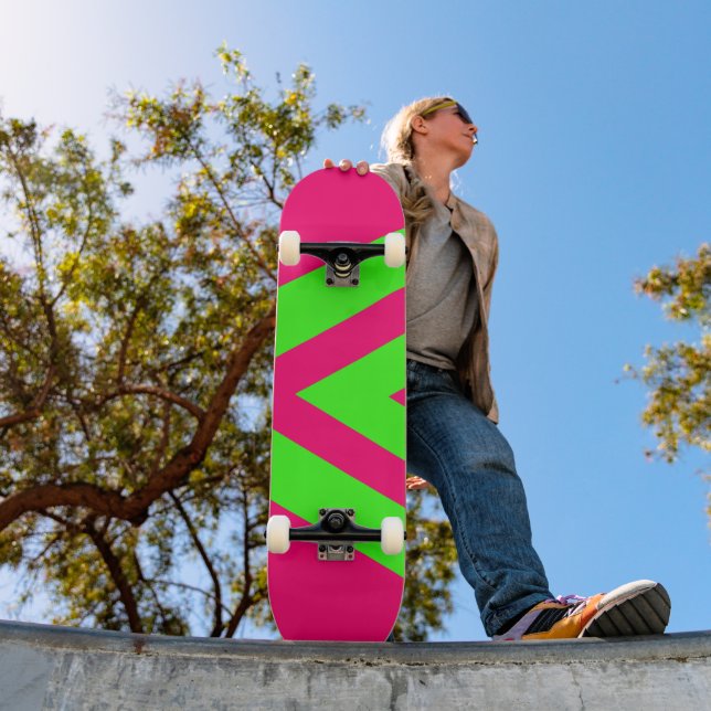Neon Pink & Green Zigzag Skateboard – Customisable (Outdoor 1)