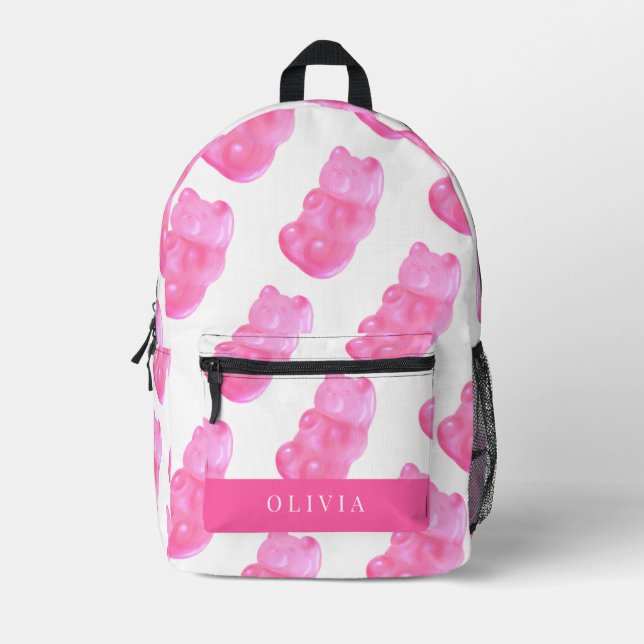 Neon Pink Gummy Bear Pattern Printed Backpack (Front)