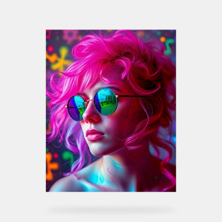 Neon Pink-Haired Woman with Reflective Glasses – M Acrylic Sign