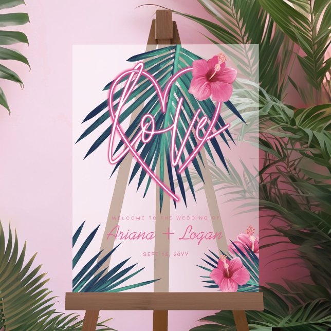Neon Pink Heart Love Tropical Floral Palm Wedding Acrylic Sign (Neon Pink Heart Love Tropical Floral Palm Wedding Acrylic Sign)