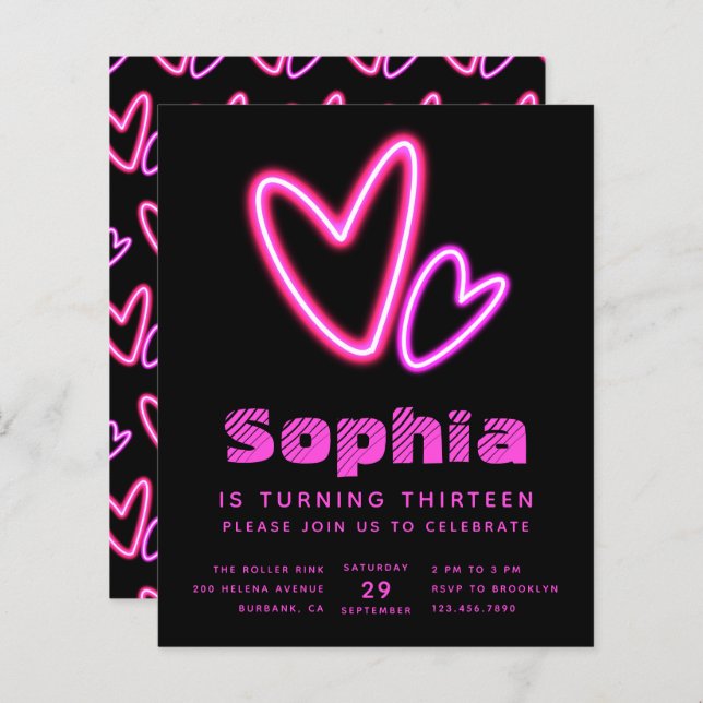 Neon Pink Hearts Budget Birthday Party Invitation (Front/Back)