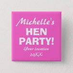 Neon pink hen party badge button for girls night<br><div class="desc">Personalized Neon pink hen party badge button for hens night. Fun bachelorette party / bridal shower accessories for bride to be and bridesmaids on girls night out or girls weekend. Custom Team bride buttons for wedding / bachelor / bachelorette / bridal party. Cute celebration pins before the wedding day. Make...</div>
