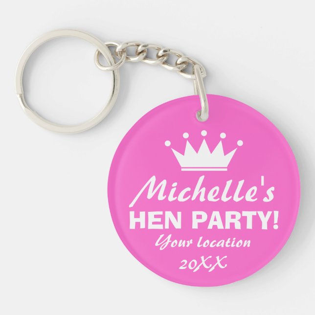 Neon pink hen party keychain for girls night out (Front)
