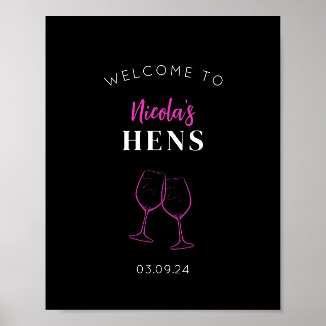 Neon Pink Hens Party Wine Welcome Sign Poster (Front)