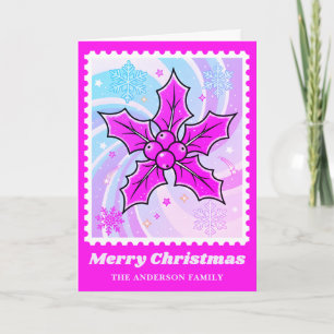 Neon Pink Holly & Berries Christmas Postage Stamp Holiday Card