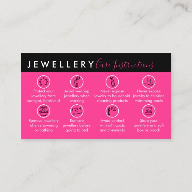 Neon Pink Jewellery Aftercare Instructions Business Card (Back)