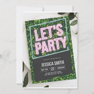 Neon Pink "Let's Party" Boxwood Birthday Invitatio Invitation
