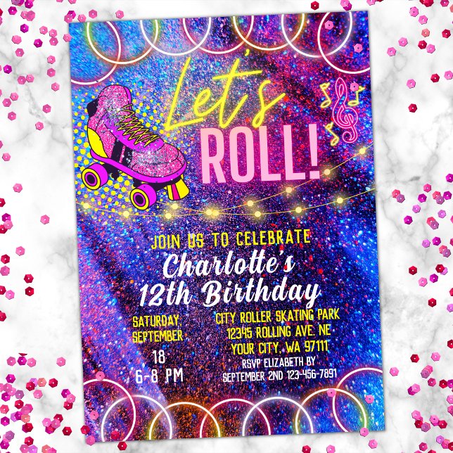 Neon Pink Let's Roll Girl's Roller Skating Party Invitation (Creator Uploaded)