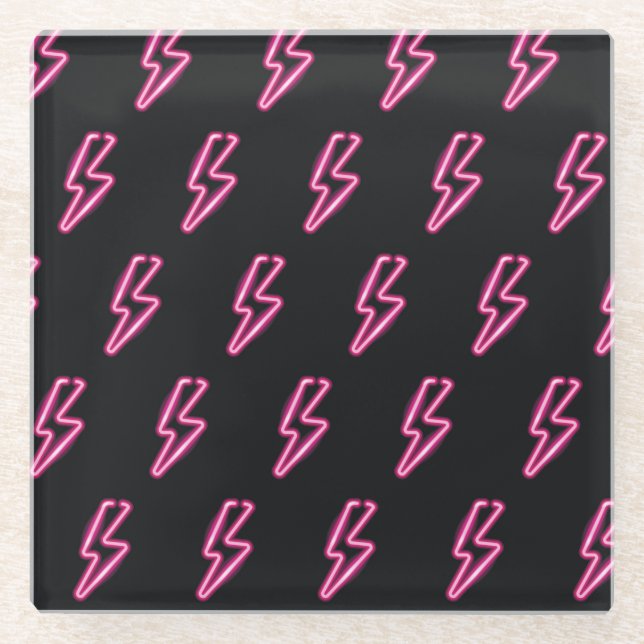 Neon Pink Lightning: Dark Background. Glass Coaster (Front)