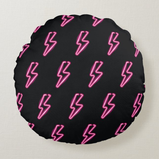 Neon Pink Lightning: Dark Background. Round Cushion (Front)