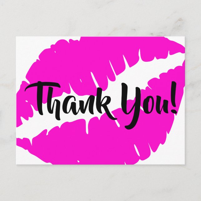 Neon Pink Lipstick Big Kiss Thank You Postcard (Front)