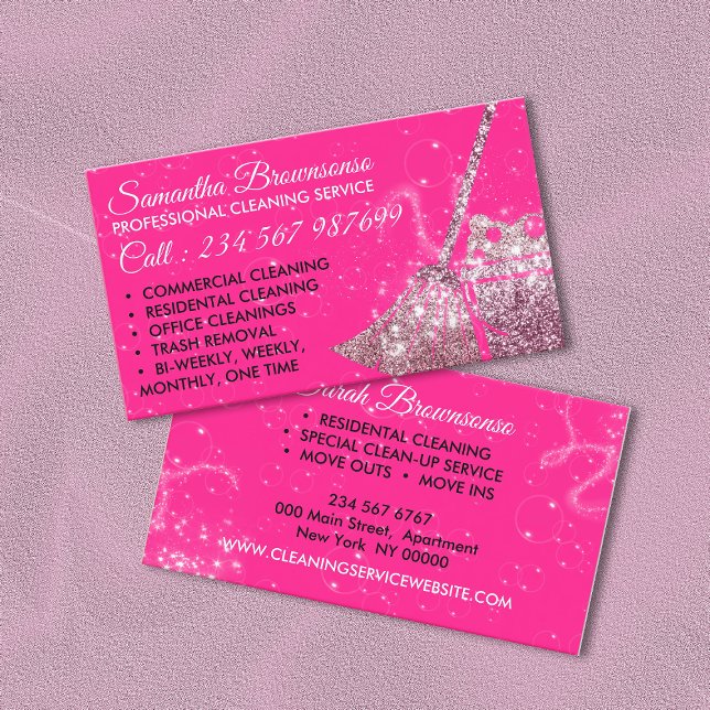 Neon Pink Luxury Cleaning Service Maid Janitorial Business Card (Creator Uploaded)