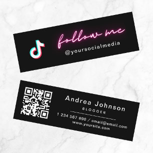 Neon Pink Minimalist Follow TikTok & QR Code Mini Business Card