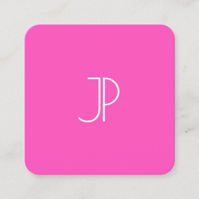 Neon Pink Modern Elegant Monogram Template Trendy Square Business Card (Front)