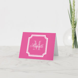 Neon pink monogram note cards with elegant border