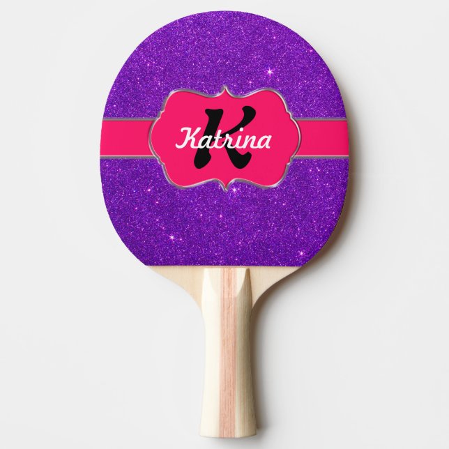 Neon Pink Monogram on Purple Glitter Ping Pong Paddle (Front)