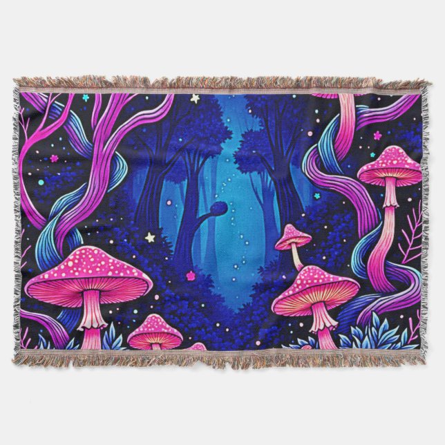 Neon Pink Mushroom Forest Art Throw Blanket (Front)