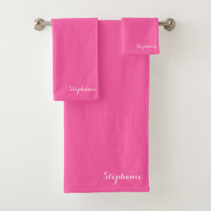 Neon Pink Name Modern Elegant Monogram Boho Bath Towel Set