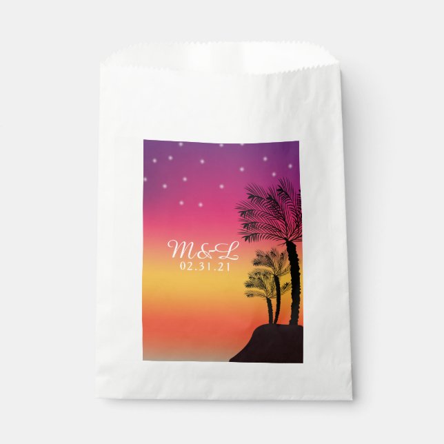 Neon Pink Ombre Tropical Tree Sunset Beach Favour Bag (Front)