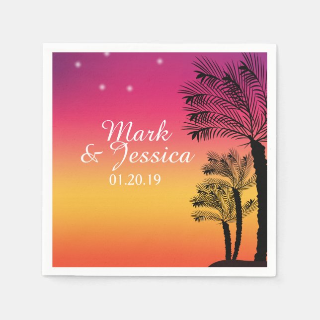 Neon Pink Ombre Tropical Tree Sunset Beach Napkin (Front)