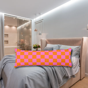 Neon Pink Orange Chequered Chequerboard Vintage Body Cushion