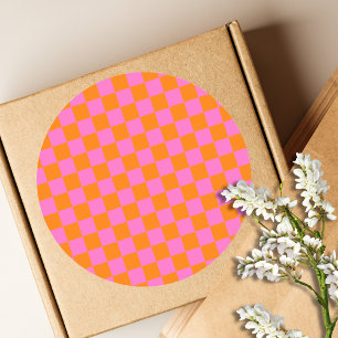 Neon Pink Orange Chequered Chequerboard Vintage Classic Round Sticker