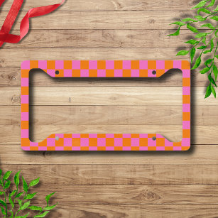 Neon Pink Orange Chequered Chequerboard Vintage Licence Plate Frame