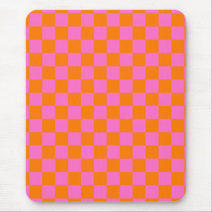 Neon Pink Orange Chequered Chequerboard Vintage Mouse Pad